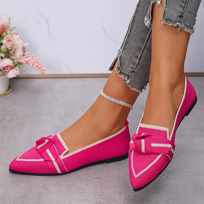 Женские трикотажные туфли-лоферы с заостренным носком и бантом на плоской подошве — фото 4