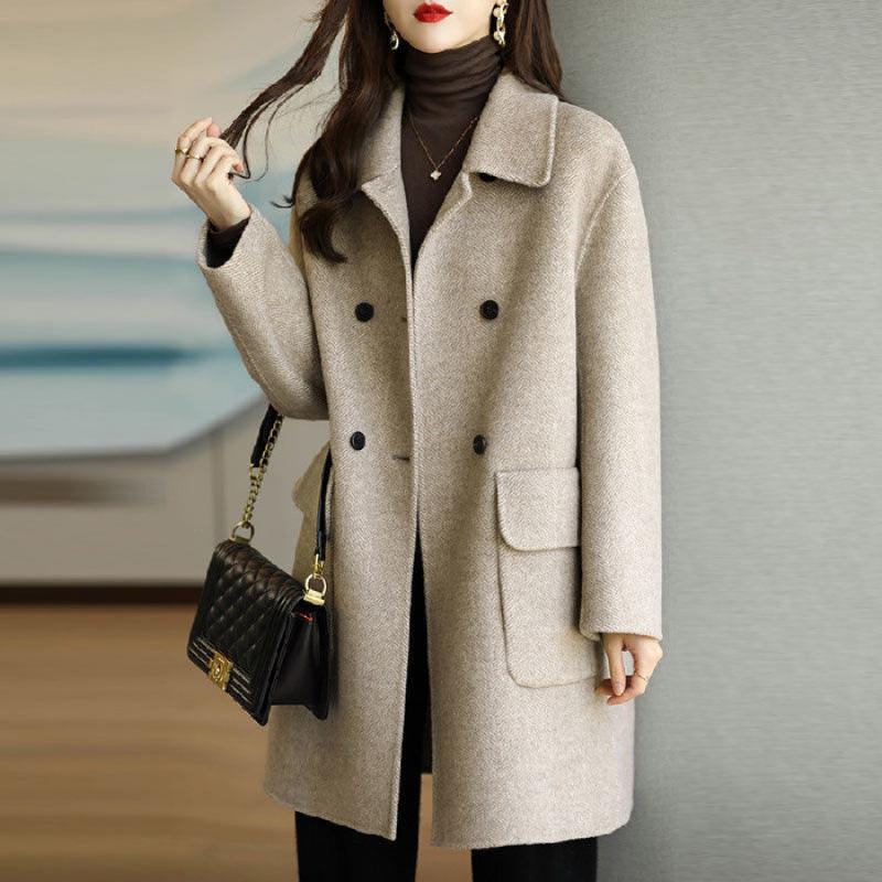 Women's Slim Fit Wool Coat - Coffee Color, Thickened Korean Style for Autumn/Winter 2025, Medium To Long Length
