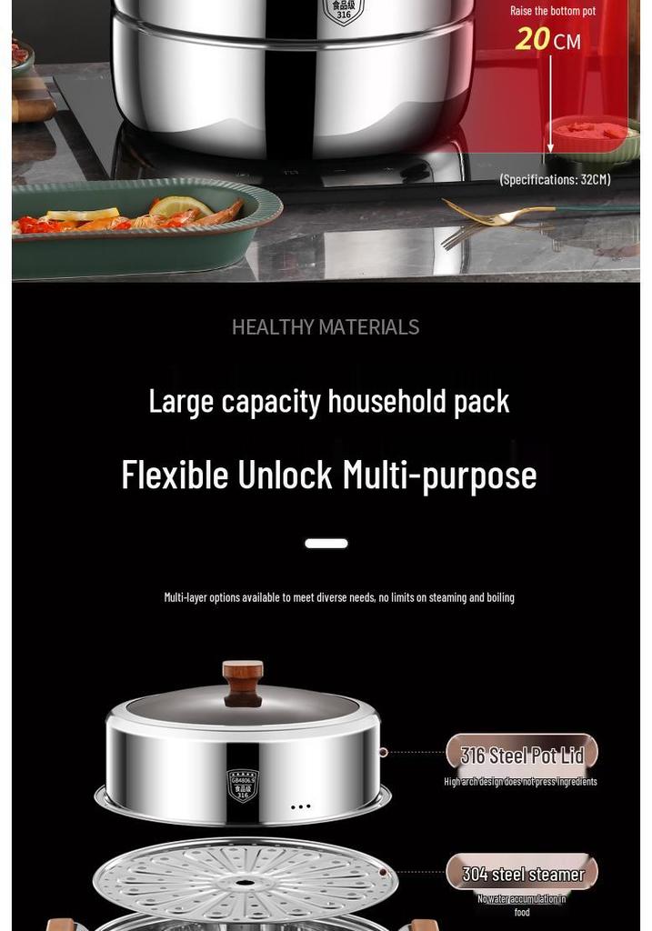 Visible Lid 316L Stainless Steel Steamer Pot with Extra Thick Anti-scalding Design and Double Three-Layer Steaming Basket