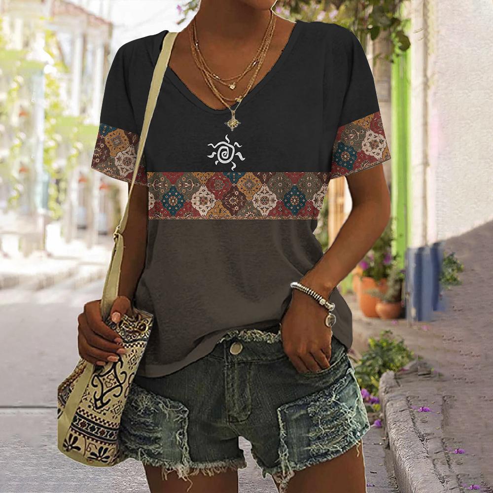 

Летняя винтажная этническая футболка с принтом солнца 3D, женская уличная футболка, топы Y2k, женские футболки с V-образным вырезом в стиле Харадзюку, свободная одежда 8XL