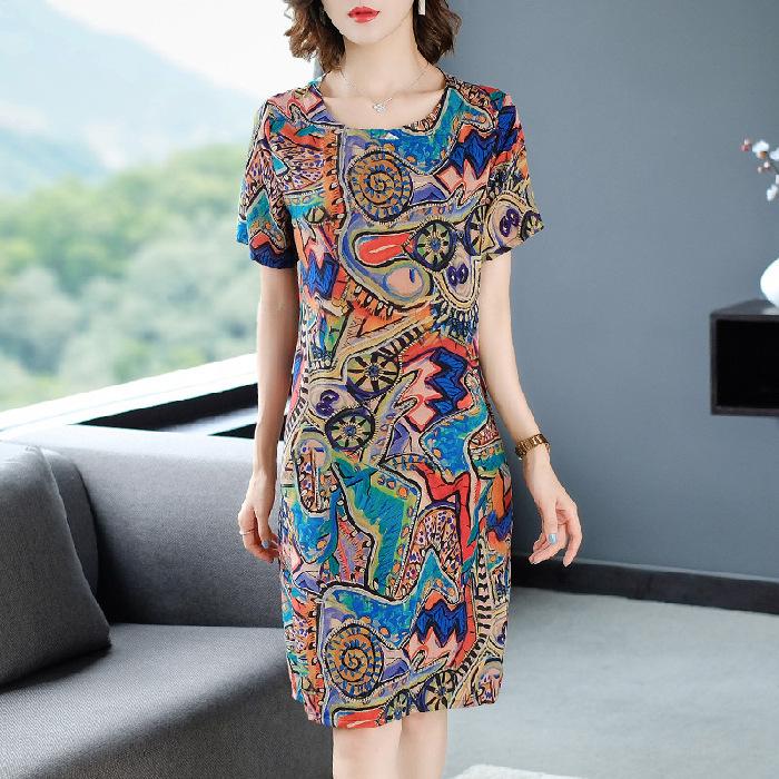 women's Round Neck Abstract Print Ice Silk Midi Dress Plus Size Loose A Line Short Sleeve Casual Elegant Summer Dress