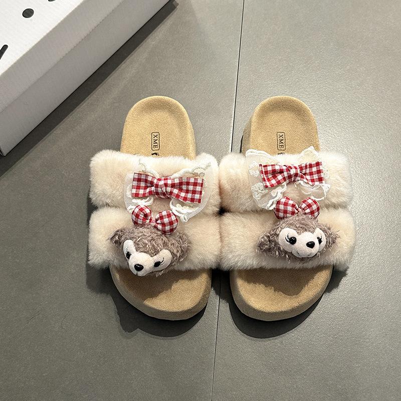 Cute cartoon bear fashion casual bow fluffy slippers women's 2025 autumn new wear cool slippers