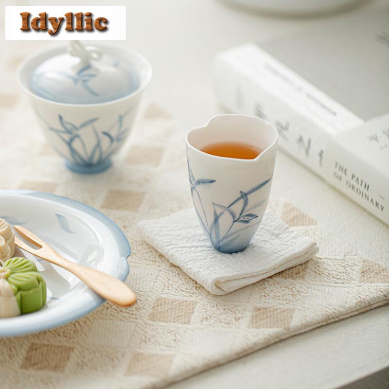 2pc/lot Hand Drawn Orchid Jade Mud Teacup Aesthetic Tea Bowl Tea Pair Tea-tasting Meditation Cup Jianzhan Master Cups Gift 65ml