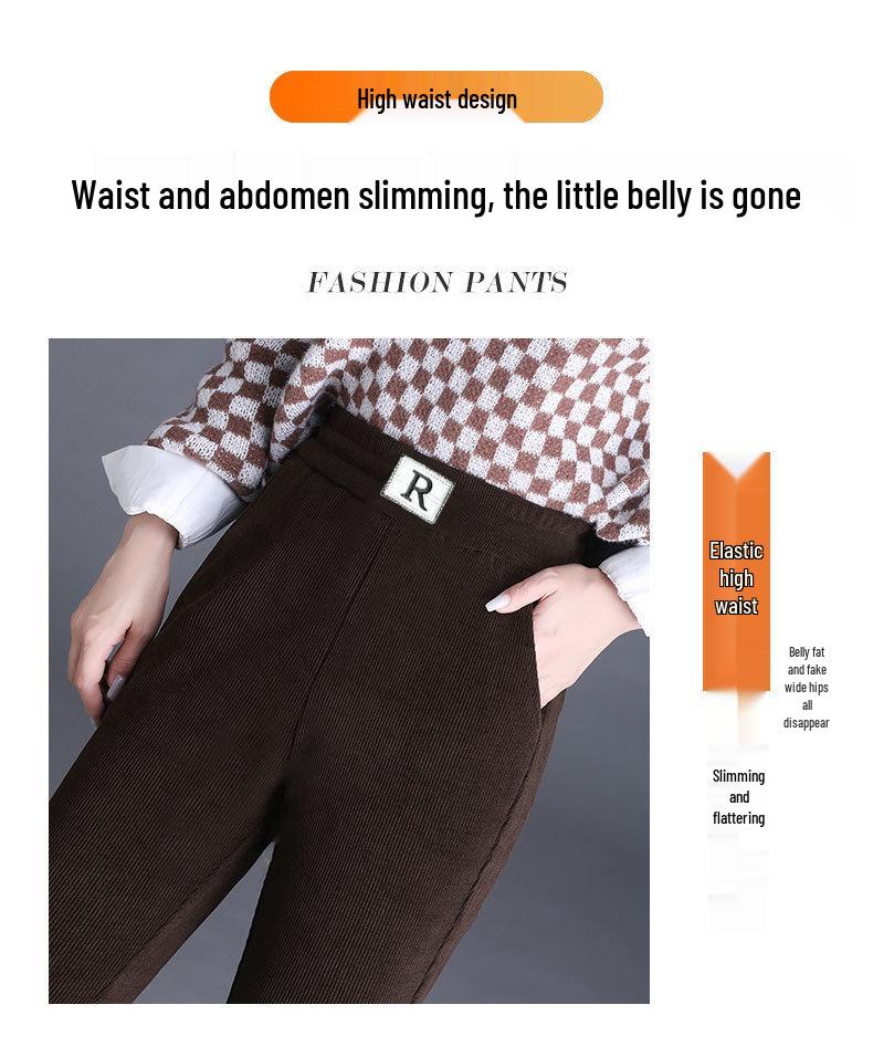 Damskie spodnie sztruksowe z wysokim stanem i aksamitną podszewką – Rozmiar plus, Luźne, Wyszczuplające, Lekko rozszerzane, Długie spodnie na jesień/zimę.