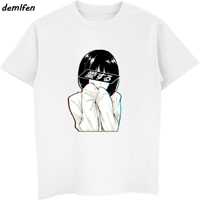 2019 Unisex Short Sleeve T Shirt Sad Girl Retro Japanese Anime Vaporwave Funny Clothes Novelty Hip Hop Tees Tops Harajuku Tshirt