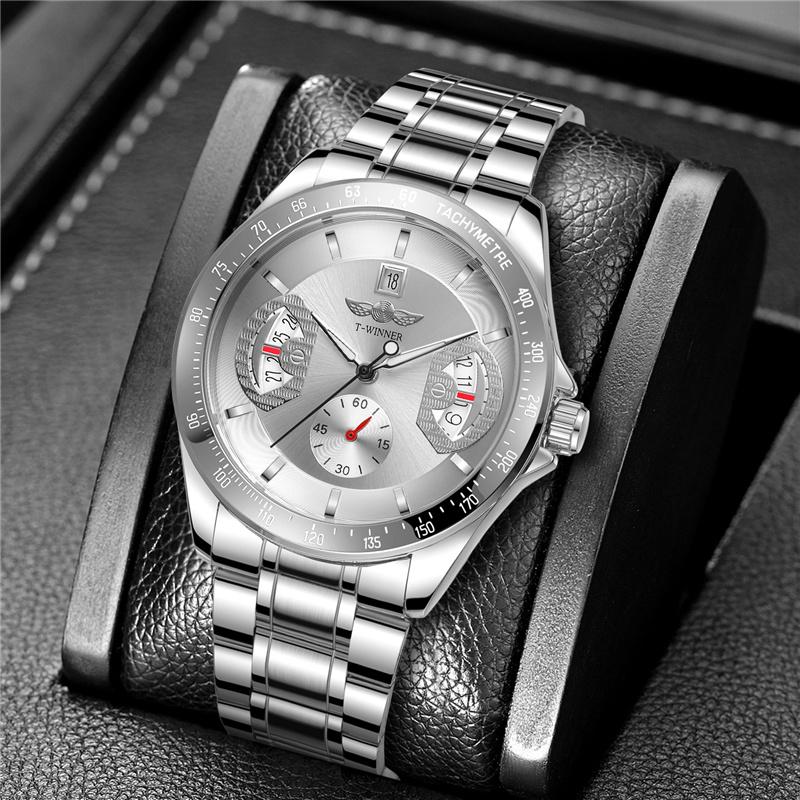 WINNER Sports Gold Automatic Watch for Men Date Display Luminous Hands Stainless Steel Strap Top Brand Luxury Mechanical Watches