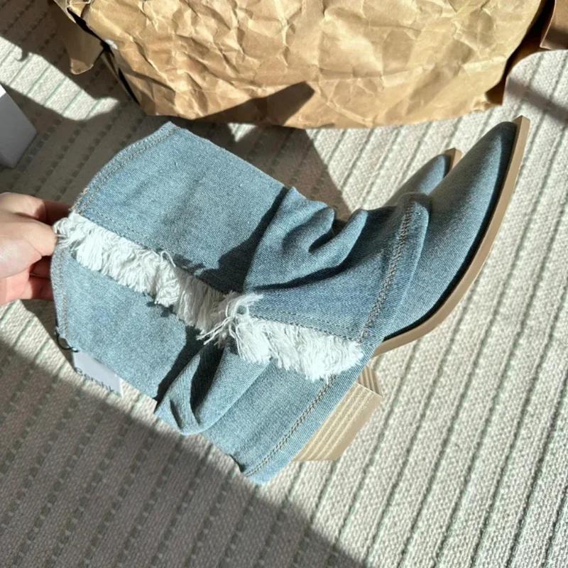 Dámské džínové kovbojské boty se špičatou špičkou, módní nazouvací kotníkové boty v retro stylu na podzim a zimu