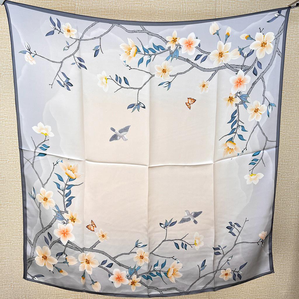 Guochao Lotus Landscape 100% Mulberry Silk Scarf - Versatile Women's Square Shawl