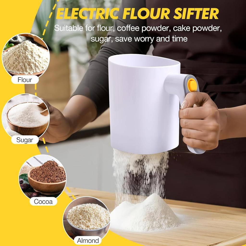 Electric Flour Sifter, Battery Operated Flour Sifter for Baking with Dough Scraper, Ergonomical Handle Flour Sieve for Cooking, Pastry Baking, Easy