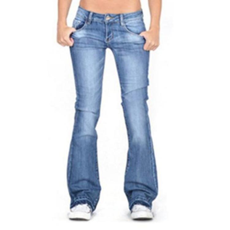 

Women Retro Flared Jeans Mid Waist Slim Fit Stretchy Full Length Long Trousers Button Closure Zipper Pockets Gradient Colorfast Lady M светло-синий