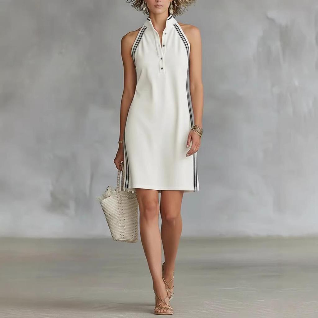 Sleeveless Solid Color Button-up Stand Collar Mini Dress