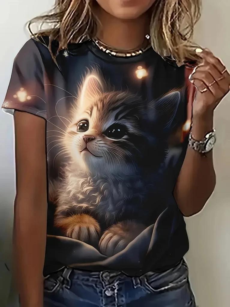 Cute Cartoon Cat Pattern T Shirt for Women Funny Animal 3D Printed Short Sleeves Tees Summer Plus Size T-Shirts O-Neck Kids Tops