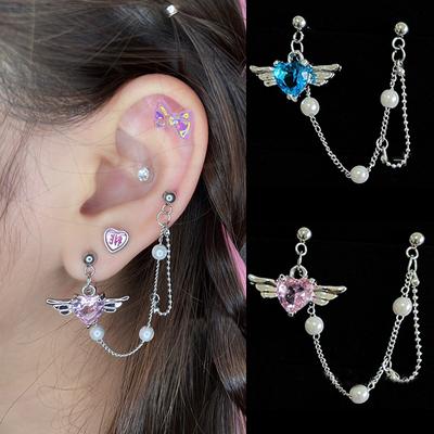 2 In 1 Angel Heart Wing Earrings Pendant Tassel One-piece Earring Helix Double Piercing Earring Chain Cartilage Dangle Earrings