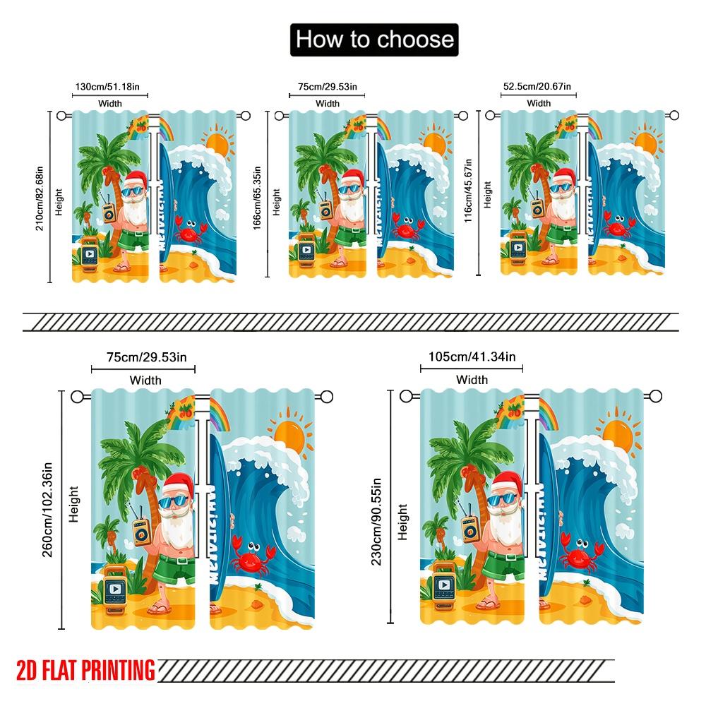 2pcs,2D Plane Printing Creative Curtains Santa Surfing Beach Versatile Polyester Fabric (without Rod) Decorations Inside Ldeal
