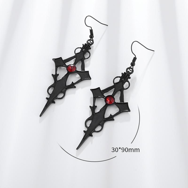 Retro Gothic Dark Style Studded Red Zircon Cross Black Metal Earrings for Women Accessories