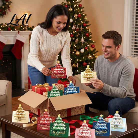 Folded Xmas Cards with Envelopes 10 Pcs 3D Christmas Tree Greeting Cards Holiday Postcards Decorative Bulk for New Year Winter Party Supplies