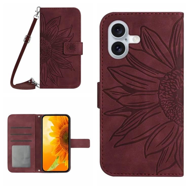 HT04 For iPhone 16 Plus Case with Shoulder Strap Leather Phone Cover Sunflower Pattern