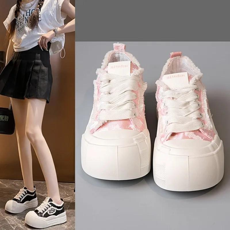 Moda 2024 Primavera Nuevos Zapatos Deportivos de Mujer Estilo de Moda Cordones Suela Gruesa Zapatos Vulcanizados Diseño de Marca Casual Calle Zapatos de Lona