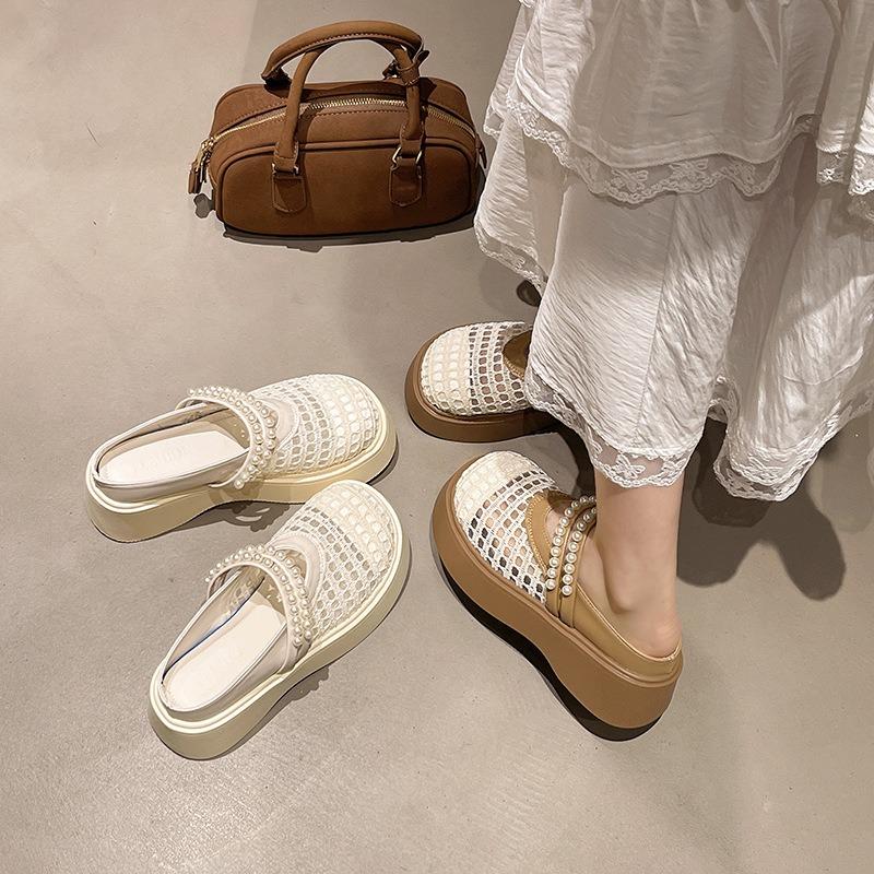 Thick-soled bag head half slippers women's summer fashion hole sandals lightweight height-increasing breathable hollow mesh shoes