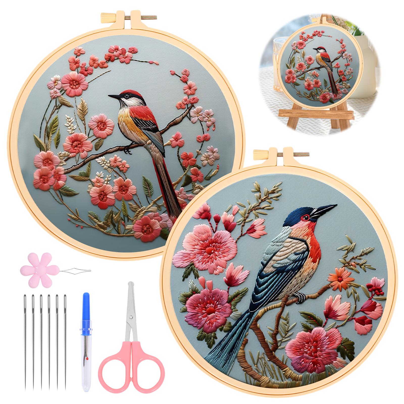 DIY Embroidery Beginner Kit Adult Embroidery Starter Kit with Pre Stamped Floral Bird Pattern for Craft Lover Beginner