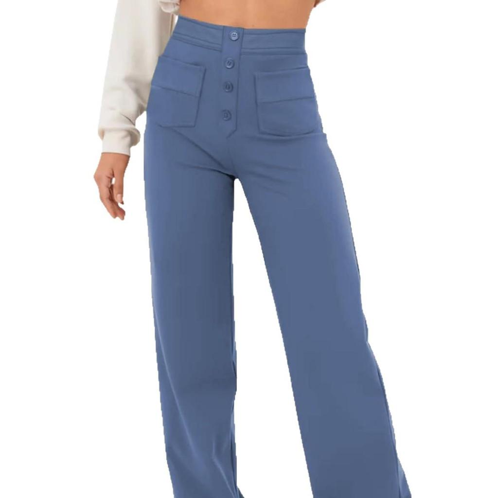 2024 Women's High-Waist Casual Straight Pants with Elastic Belt & Multiple Pockets