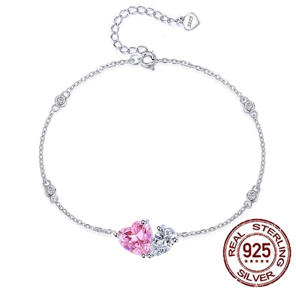 S925 Pure Silver Pink and White Synthetic Zirconia Heart Waterdrop Design Charming Bracelets for Women Daily Wear Birthday Gift
