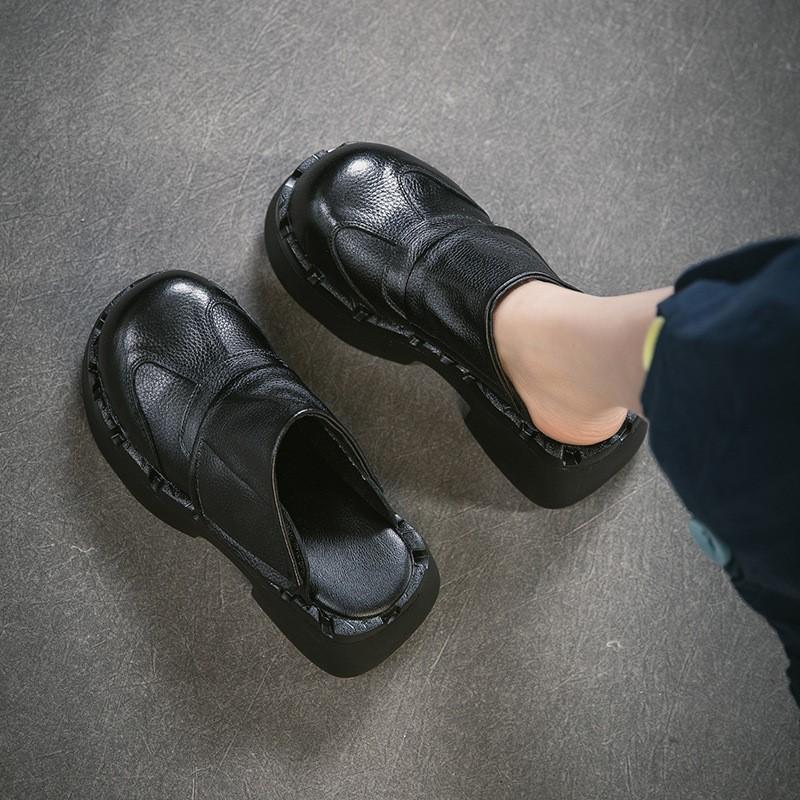 Johnature Retro Genuine Leather Outdoor Slippers Thick Heel Comfortable Slip-on Women's Platform Shoes