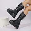 Women Fashion Boots Round Toe Platform Sole Wedge Heel Rivet Lace Mid-tube Boots Punk Large Size European American Knight Boots