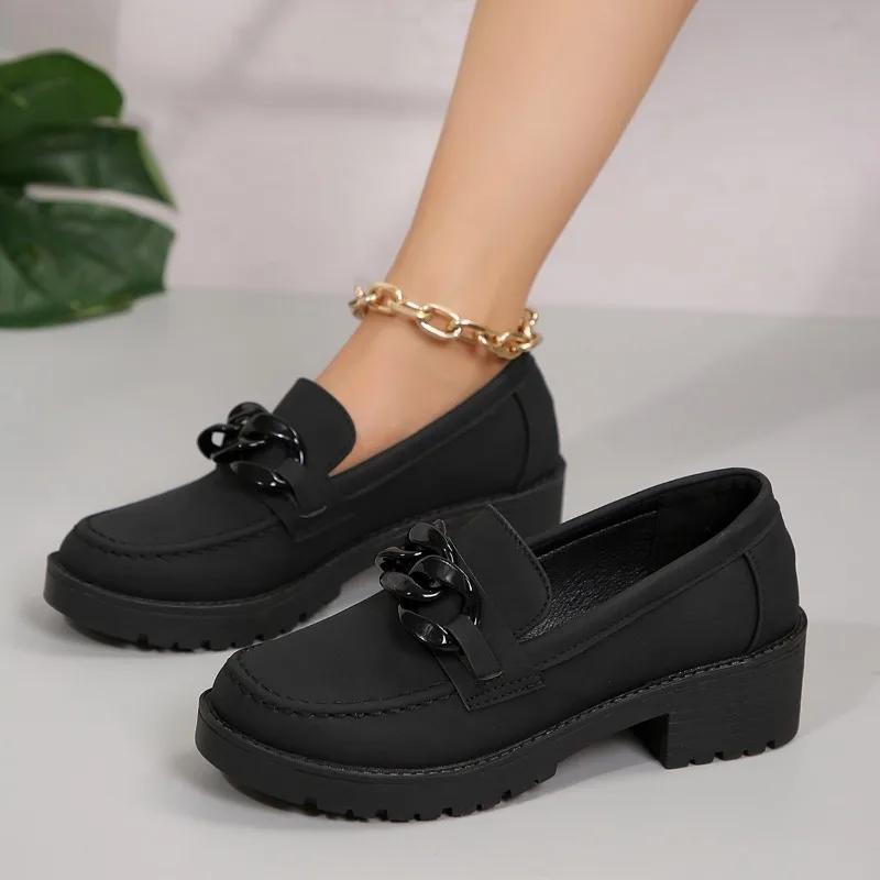 New Spring Autumn Women Loafers Round Toe Chunky Heel One Kick Sheep Suede Shoes Women Retro Metal Buckle Platform Women Shoes