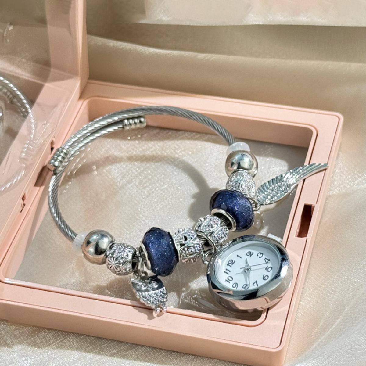 

Bracelet Watch Adjustable Opening Alloy Bracelet Quartz Watch Bead Small Flower Pendant Watch серебряный