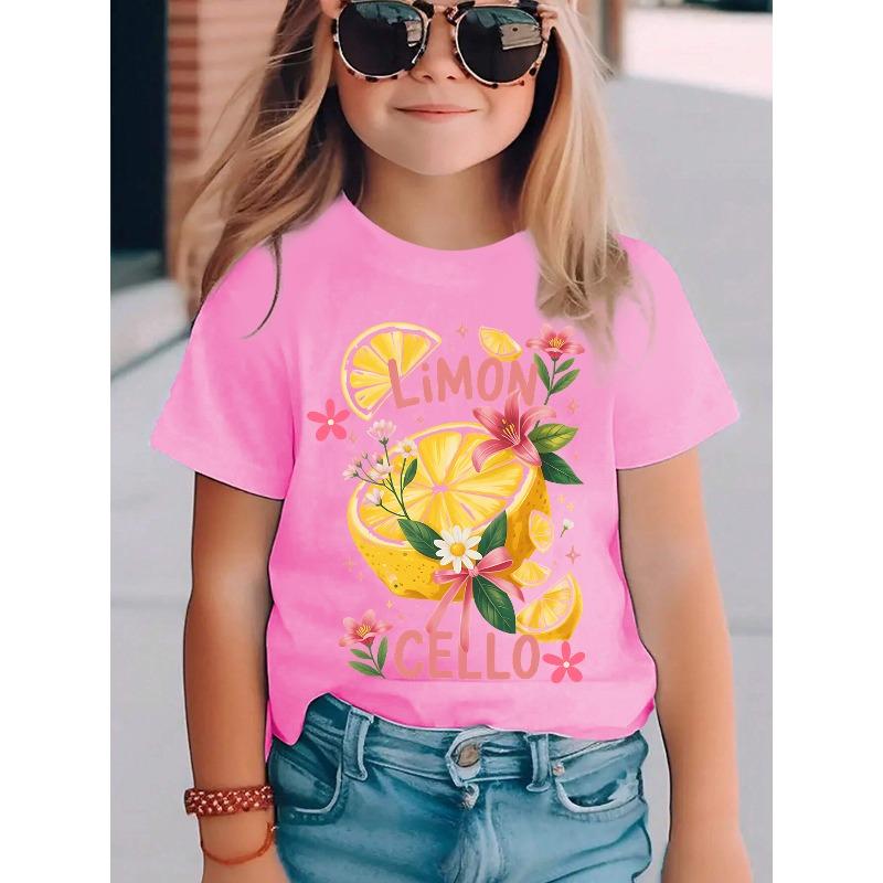 European Sizes Girls' Summer Fashion Short Sleeve T-Shirt | LIMON CELLO Surrounded by Floral Elements, Casual Crew Neck Knit Top
