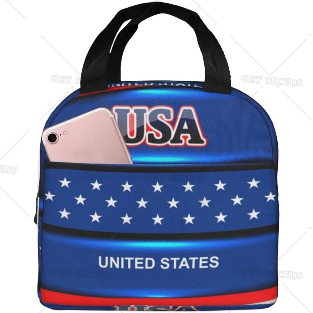 American Usa Flag Lunch Tote Bag for Women Men Reusable Insulated Cooler Lunch Box Container with Pocket for Work Office Trip