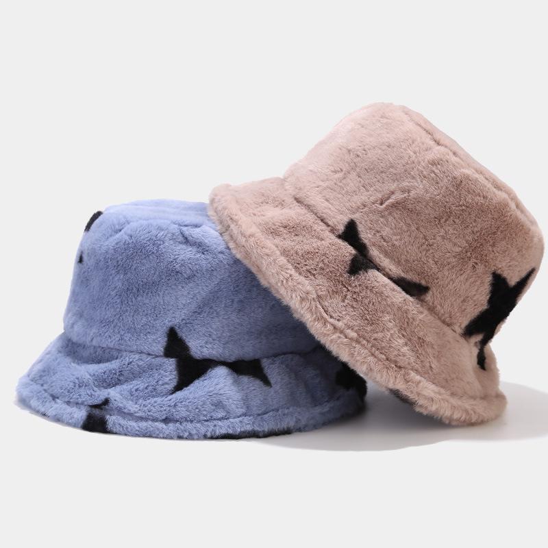 Autumn and Winter New Thickened Plush Pentagram Bucket Hat Female Internet Celebrity Fashion Trend Warm Basin Hat Casual Visor