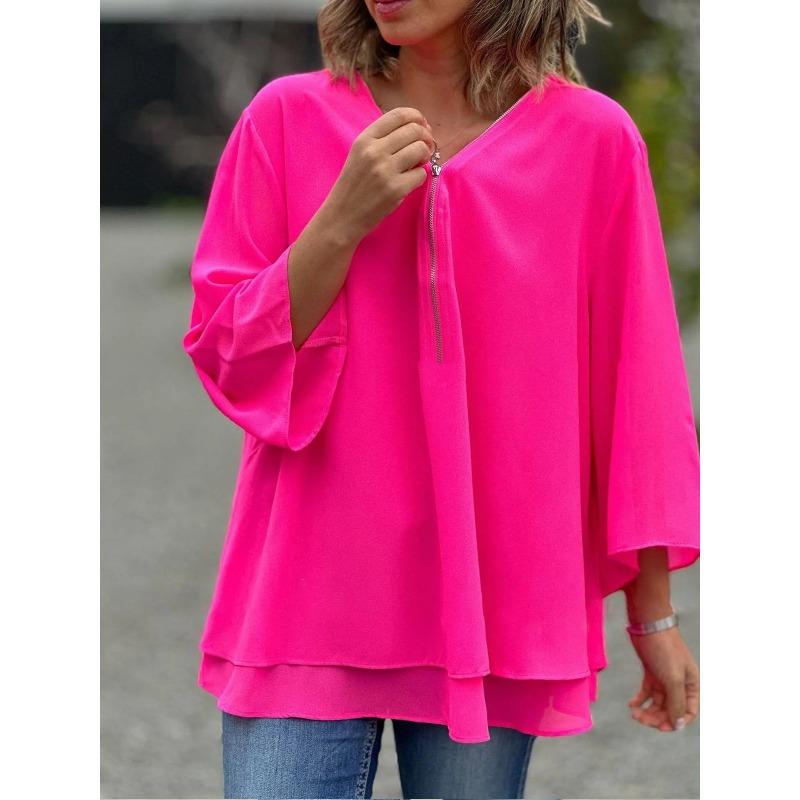 

IHUASU Women s Fashion Casual Solid Color Print Long Sleeve V Neck Blouses & Shirts International design XXXXXL рожевий червоний колір