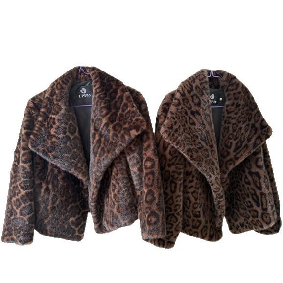 Vintage European and American style large lapel collar mink hair jacket female leopard print large lapel imitation fur coat casual < unk >