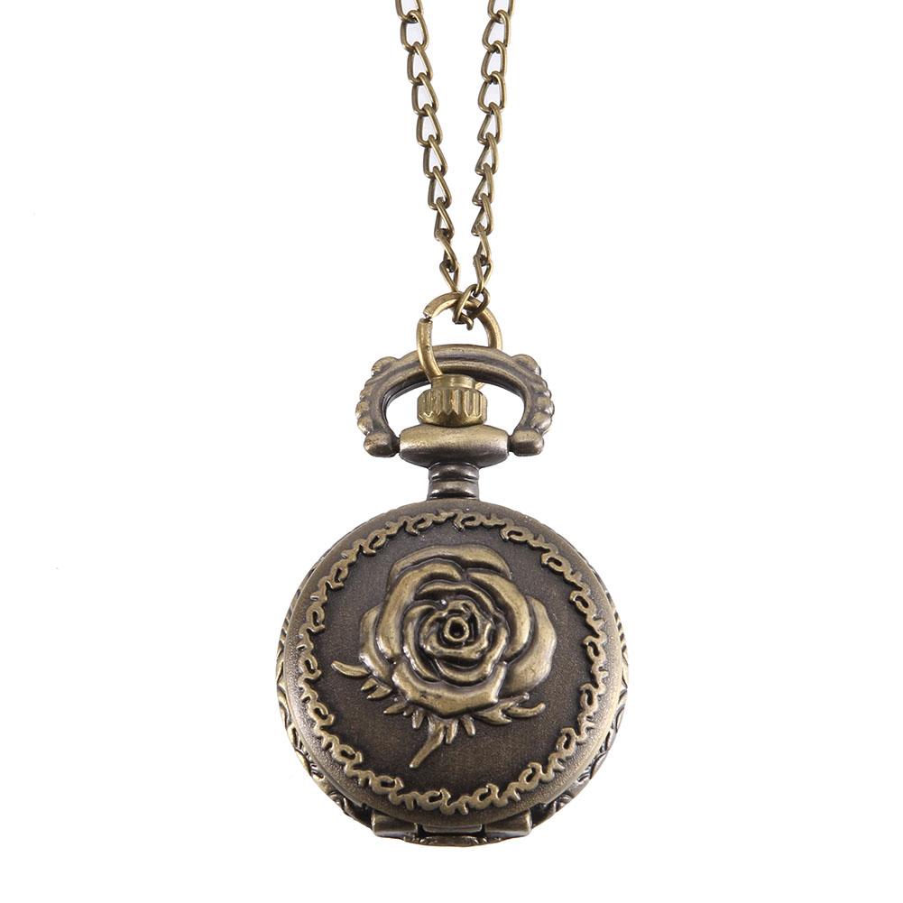Vintage New Fashion Relief Rose Pocket Watch Bronze Color Quartz Watch On Chain Watch Necklace Woman Birthday Gifts