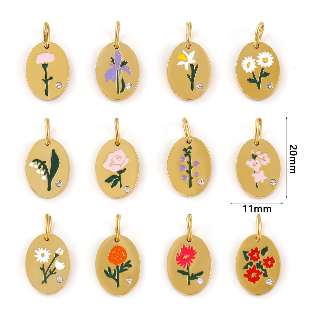 1 Piece 304 Stainless Steel Birth Month Flower Charms Enamel Oval Flower Clear Cubic Zirconia Pendants DIY Necklace 20mm X 11mm