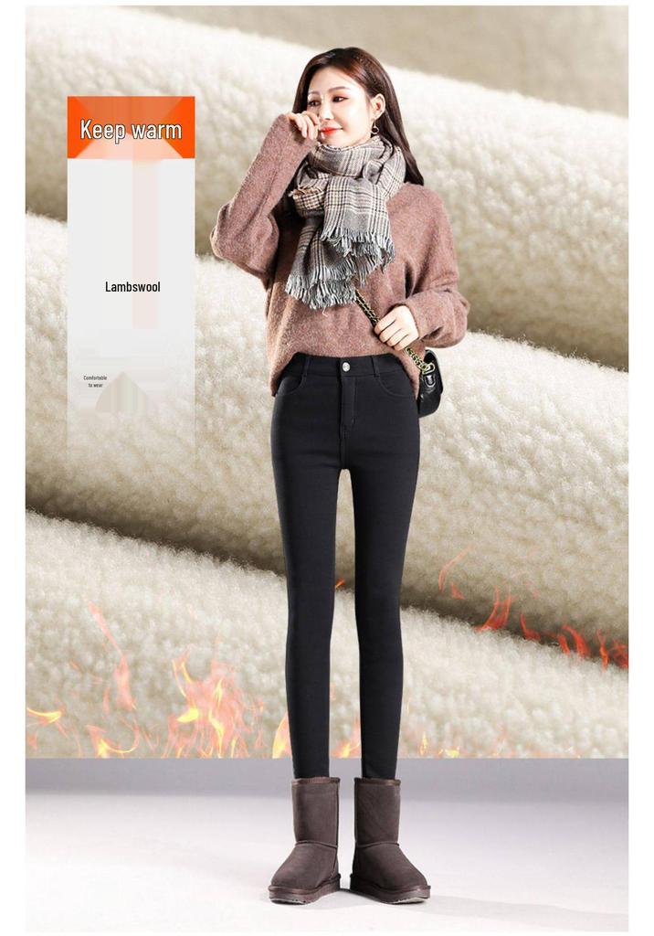 Women's Winter 2025 High-Waisted Thick Cotton Black Lambswool Pants
