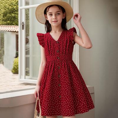 Kids Summer Girl 4-12 Years Old Red Sleeveless Flying Sleeve Polka Dot V-neck Waist Dress Simple Temperament Daily Style