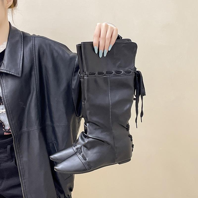 

Pointed thin pleated small rivets thin heels but knee boots women s 2025 autumn and winter versatile fashion boots tide 35 чёрный