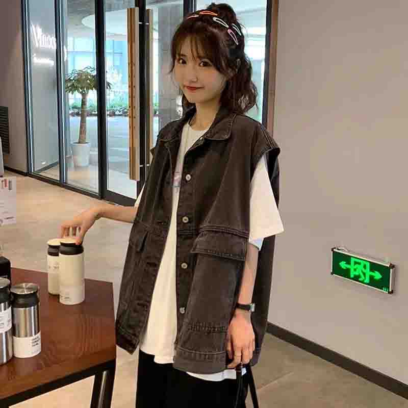 

Женская свободная нижняя рубашка с длинными рукавами, корейская версия, джинсовый жилет, куртка, кардиган без рукавов, повседневный S