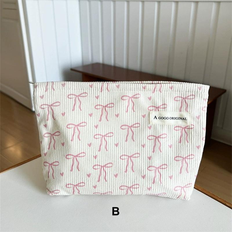 Corduroy Travel Makeup Bag with Bow Pattern, Cosmetic Bag for Purse Organizer, Toiletry Bag with Zipper for Travel Essentials