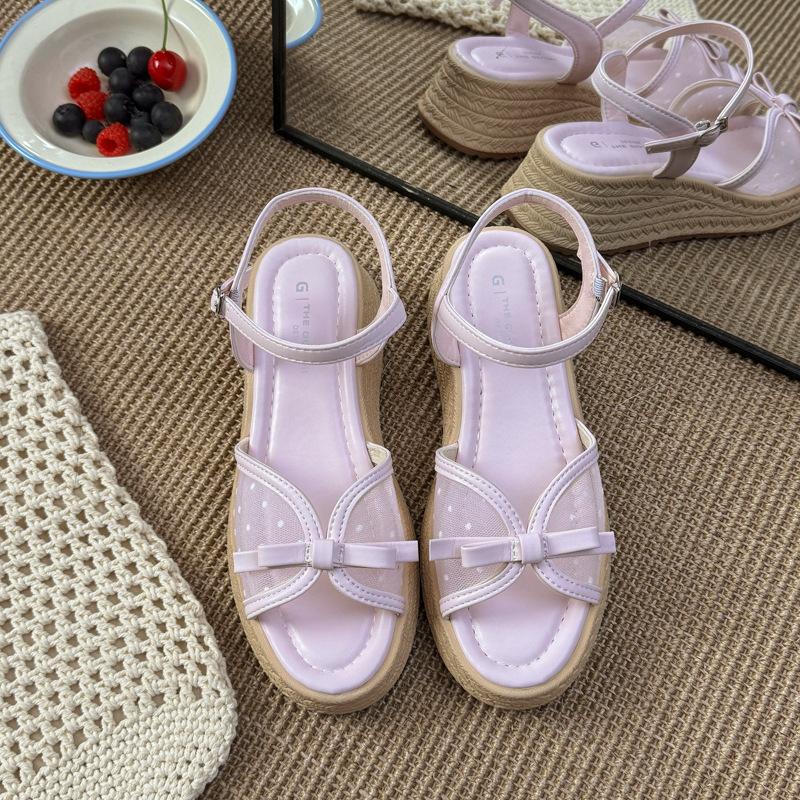2025 summer new bow mesh polka dot stiletto with skirt beautiful fashion sandals women's wedge heel sandals