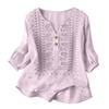 Women Boho Embroidered Blouse V‑Neck Linen Blouse Loose Button Decor Casual Tunic Top for Ladies Daily Wear