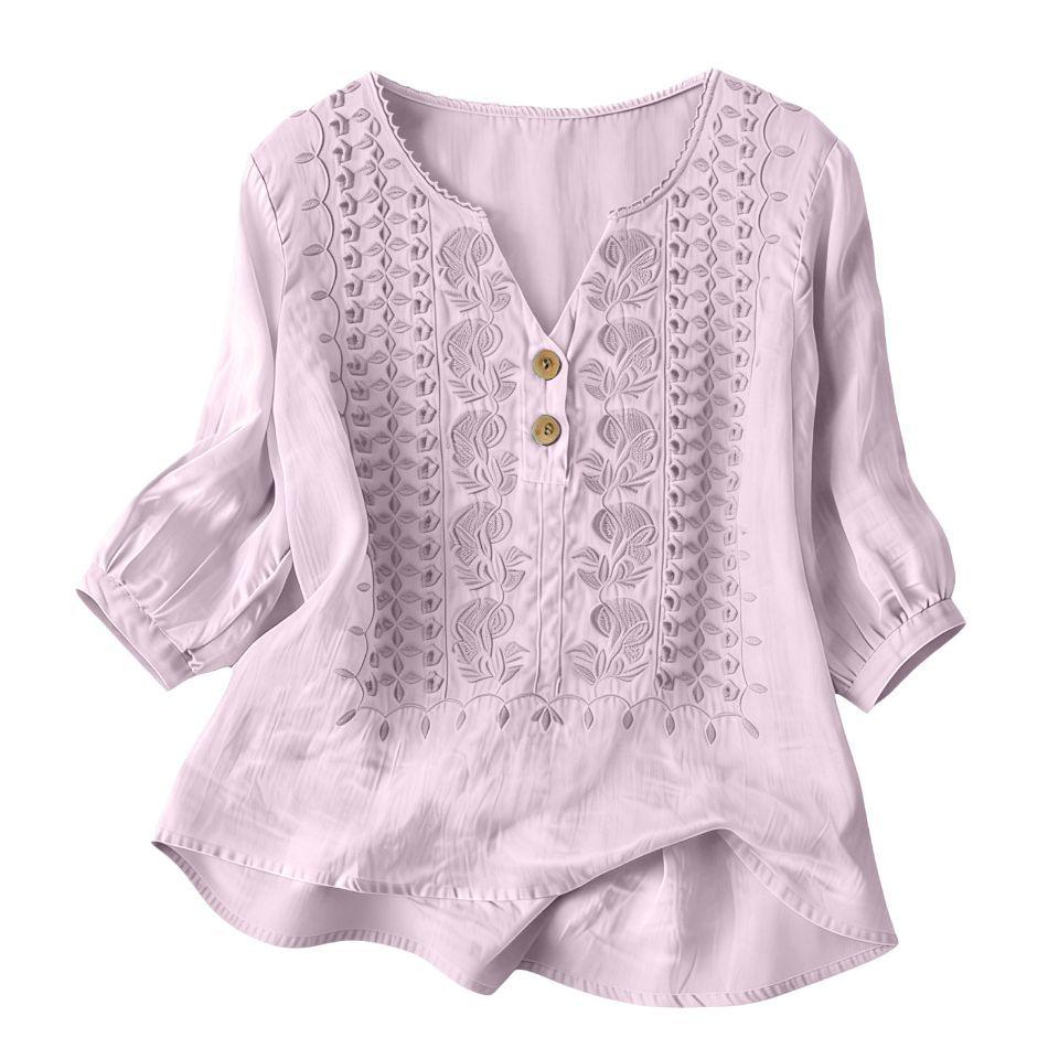 Women Boho Embroidered Blouse V‑Neck Linen Blouse Loose Button Decor Casual Tunic Top for Ladies Daily Wear