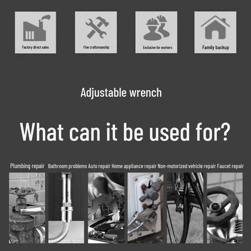 Black Nickel Adjustable Wrench - 8", 10", 12" with Large Opening & Smooth Handle