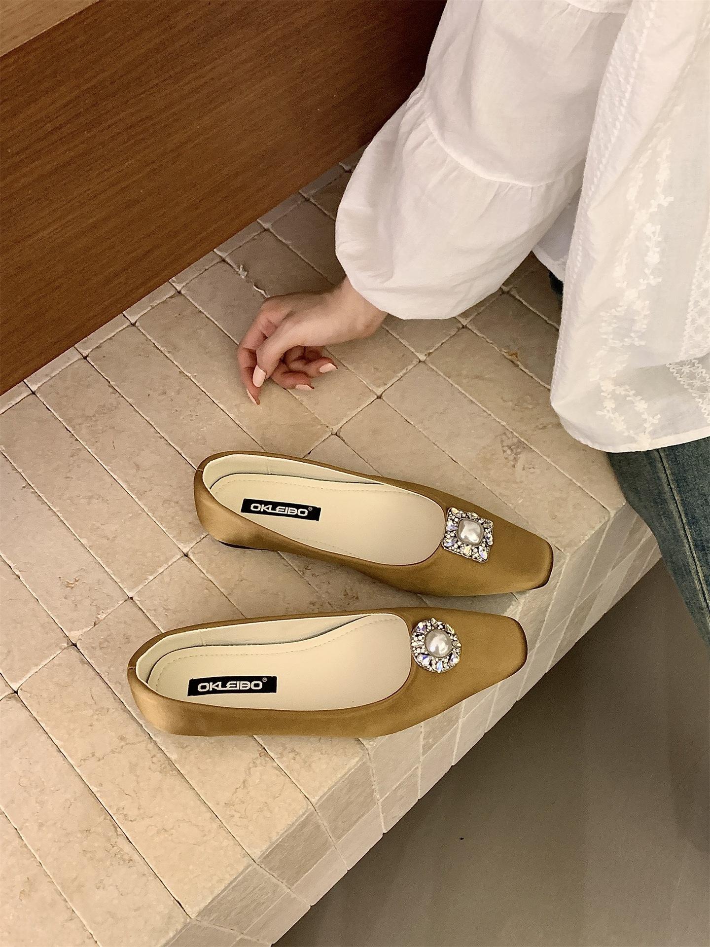 Spring And Summer Temperament Satin Rhinestone Square Head Shallow Mouth Flat Shoes Versatile Commuting Single Shoes Women 35