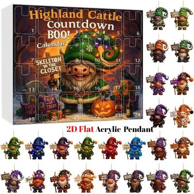 Halloween Hochlandrind Adventskalender 2025, 24 Tage Hexenhut Hochlandkuh Countdown-Kalender, 2D Acryl Rinder Hängeornamente Dekorationen