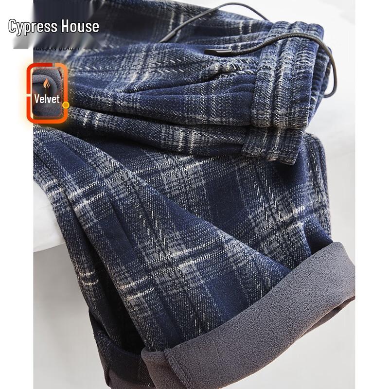 Women's Elastic Waist Plaid Fleece Wide-Leg Casual Pants