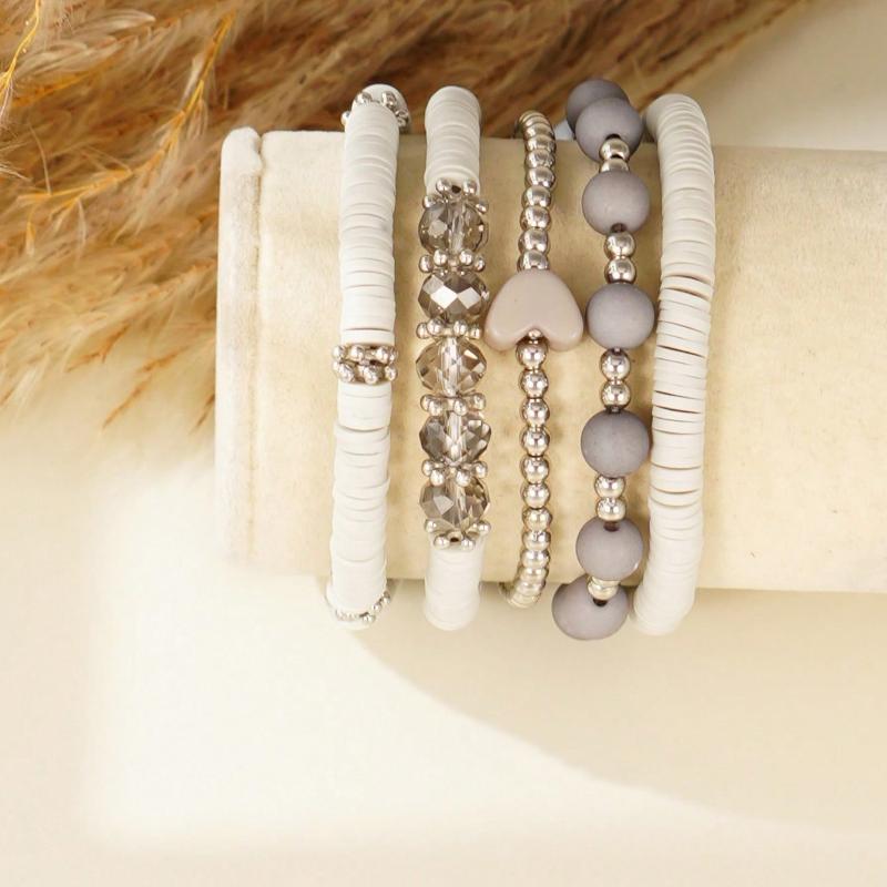 5pcs/Set Elegant Gray Soft Ceramic Heart Bead Multi-Layer Bracelet Set, Artificial Crystal Elastic Bracelet, Suitable for Ladies Daily Wear, Dating